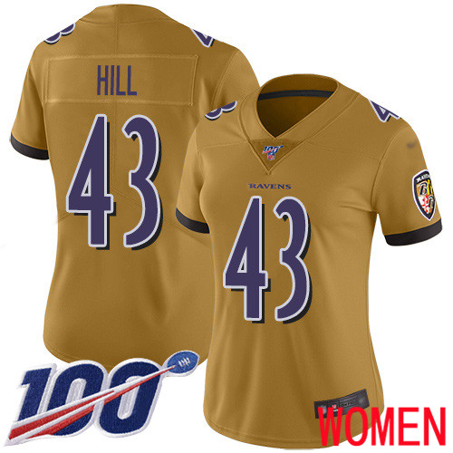 Baltimore Ravens Limited Gold Women Justice Hill Jersey NFL Football #43 100th Season Inverted Legend
